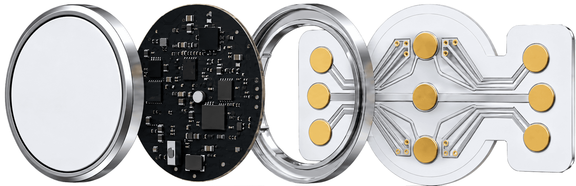 Exploded view of the Cognipatch: front housing, circuit board, battery, and electrode array